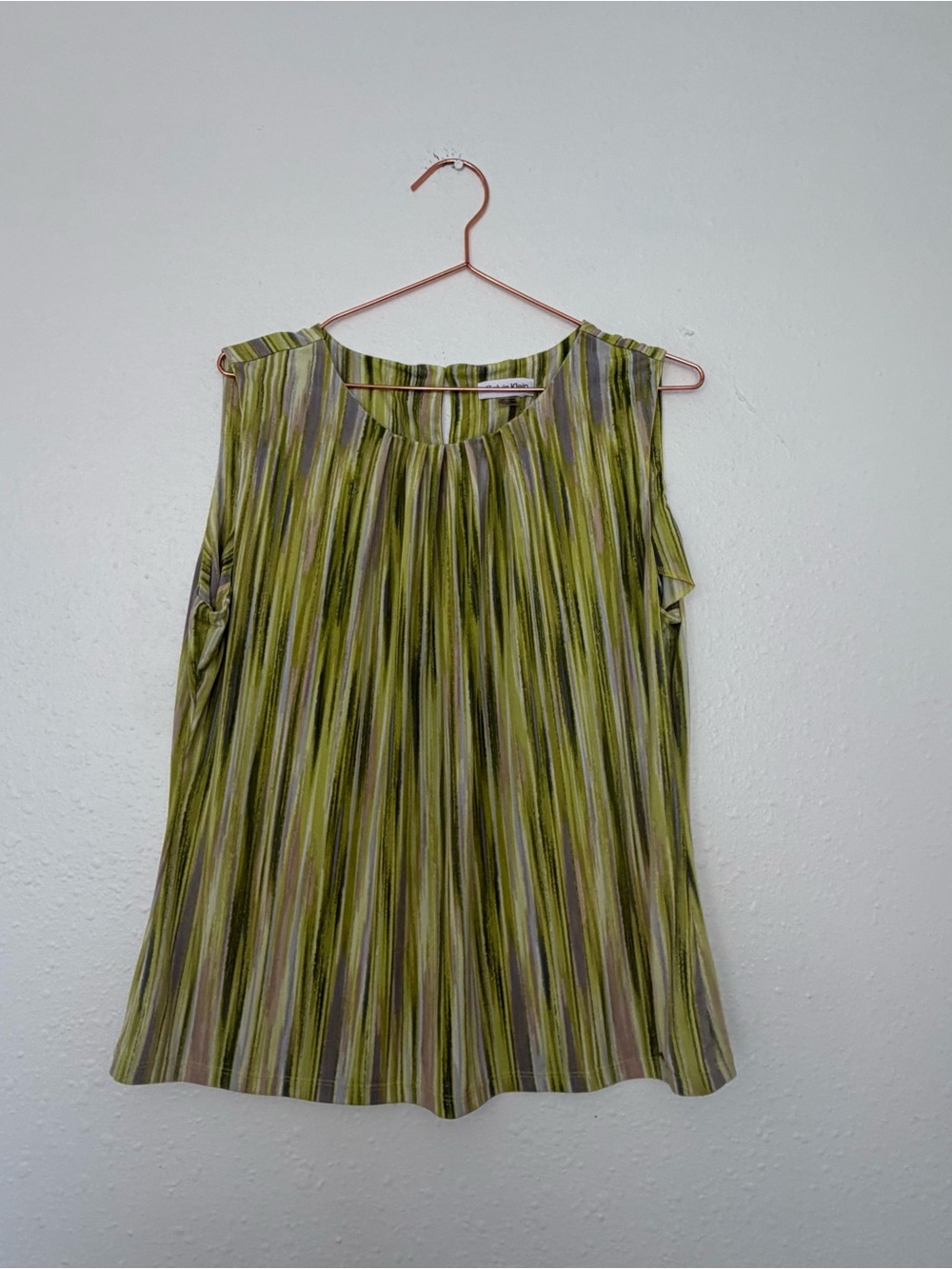 Calvin Klein Olive and Khaki Striped Pleated Sleeveless Top